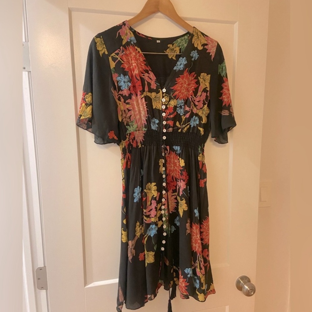 Floral 🖤 Mini Dress Boho Black Medium - Picture 3 of 6